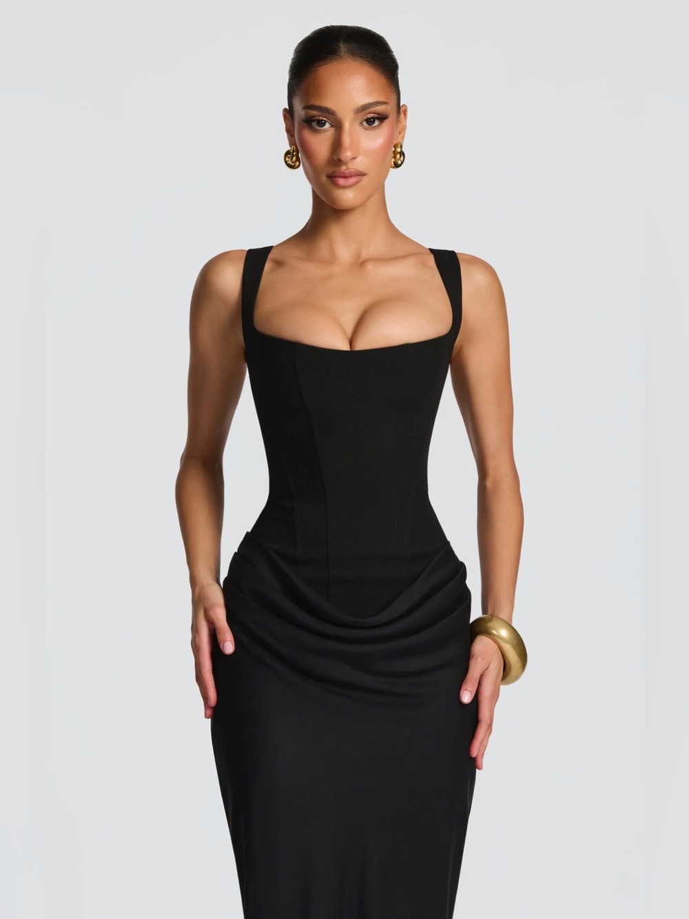 Black Sculpted Square-Neck Evening Dress - Women, CORNELIA MAXI DRESS - BLACK